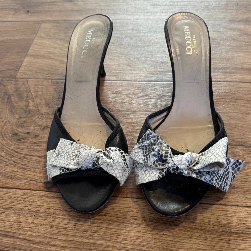 Sesto Meucci Black Slide Mules with Snakeskin Bow Accent